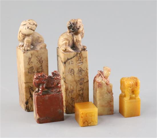 Six Chinese soapstone seals, H. 2.8 - 12.8cm